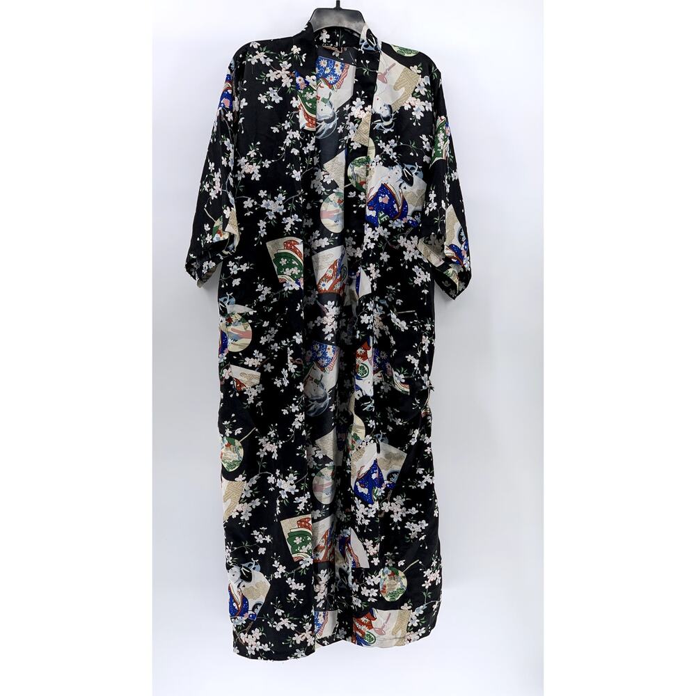 UNBRANDED Women's Black Floral Wide Sleeve Kimono SZ OS
